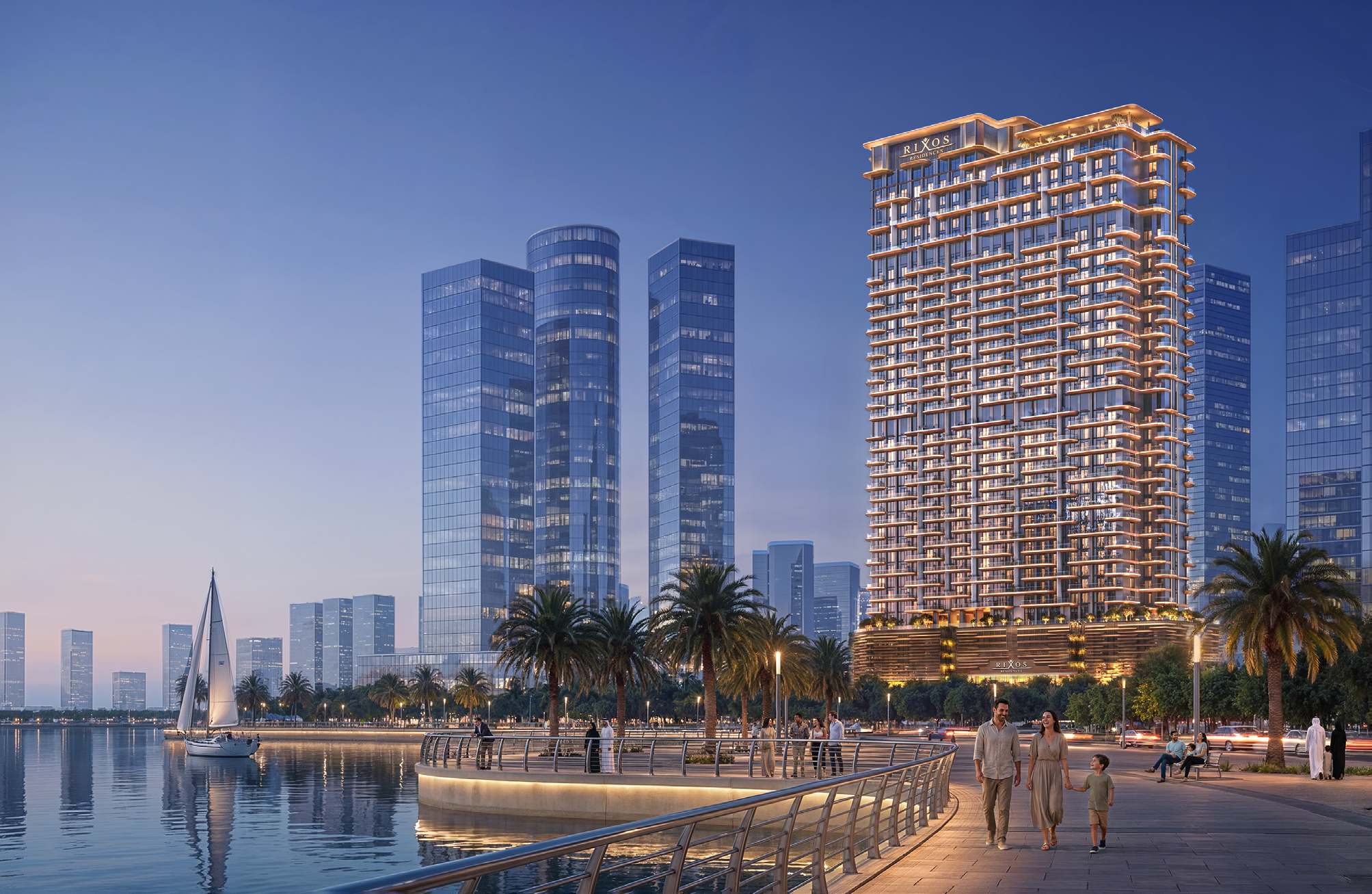 Rixos Al Reem Residences tower exterior at dusk — Al Reem Island, Abu Dhabi